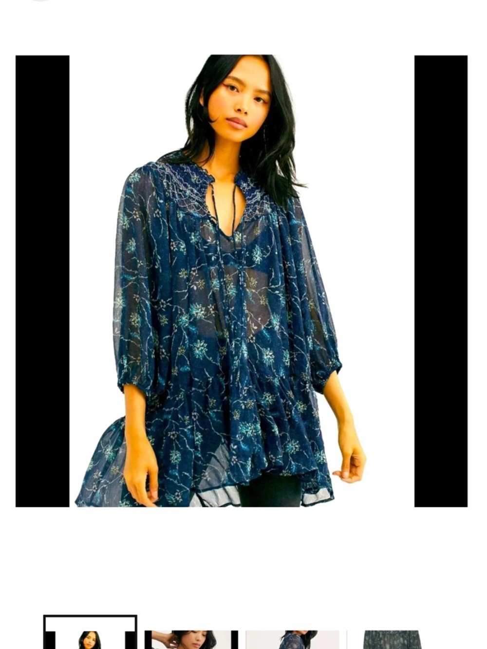 Sheer Floral Peasant Blouse - Navy